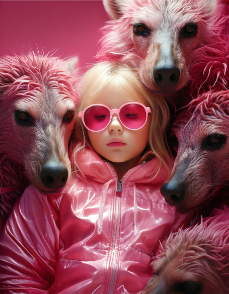 Ein Mädchen in einer pinken Jacke und Sonnenbrille umgeben von rosa-farbigen Tieren.